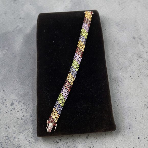 Sterling Silver 925 Rainbow Gemstone Tennis Bracelet Crown Mark 6.75” Estate - Picture 3 of 10